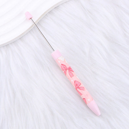 DIY bow pink long printed pattern ballball pen creative cute ballpoint pen plastic beaded ballpoint pen
