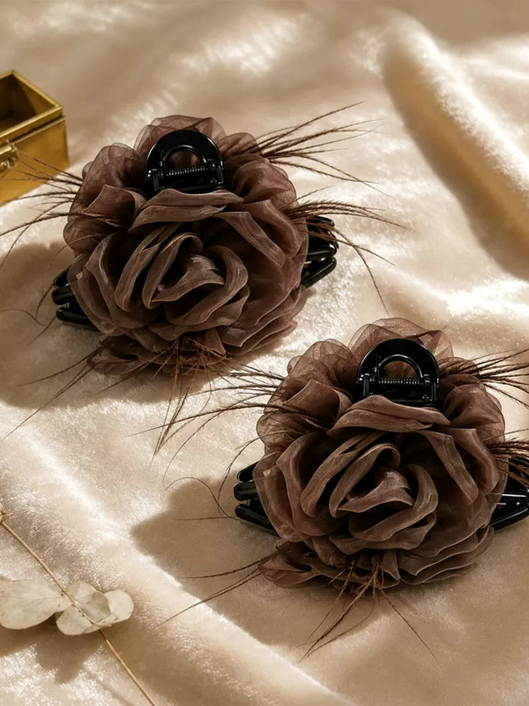 Large black mesh rose feather claw clip for women, sophisticated back hair clip, shark clip, fixed clip