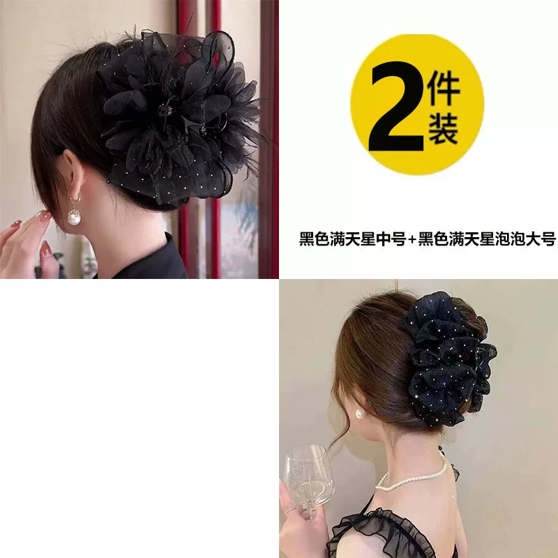 Korean high-end mesh bow claw clip for women, sophisticated and fashionable new back hair updo clip, shark clip