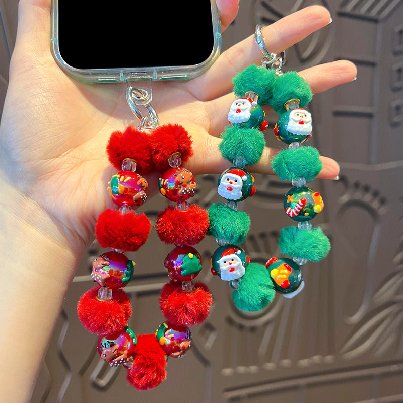 DIY Santa Claus Fur Ball Beaded Mobile Phone Chain Hanging Women's Bag Keychain Charm Christmas Gifts