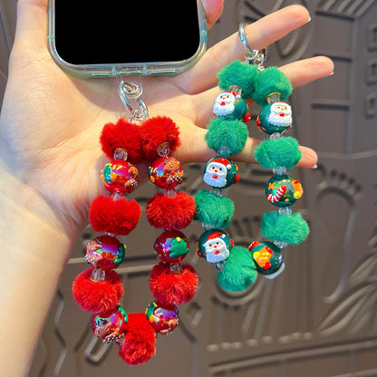 DIY Santa Claus Fur Ball Beaded Mobile Phone Chain Hanging Women's Bag Keychain Charm Christmas Gifts