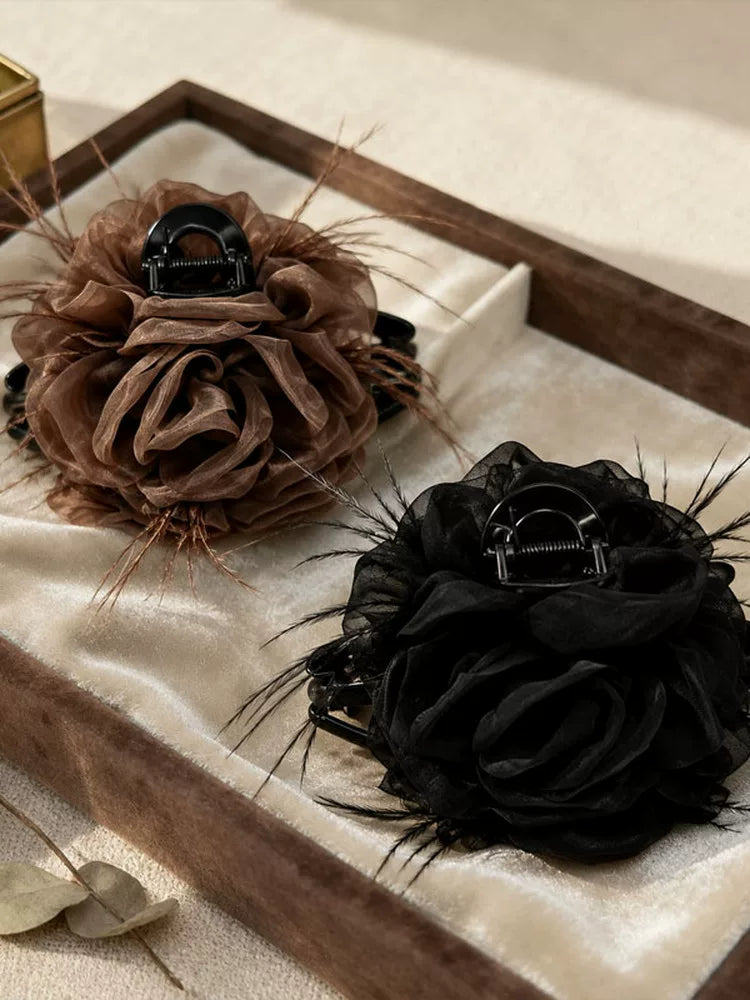 Large black mesh rose feather claw clip for women, sophisticated back hair clip, shark clip, fixed clip