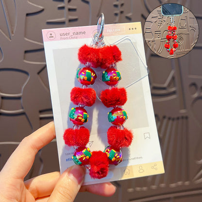 DIY Santa Claus Fur Ball Beaded Mobile Phone Chain Hanging Women's Bag Keychain Charm Christmas Gifts