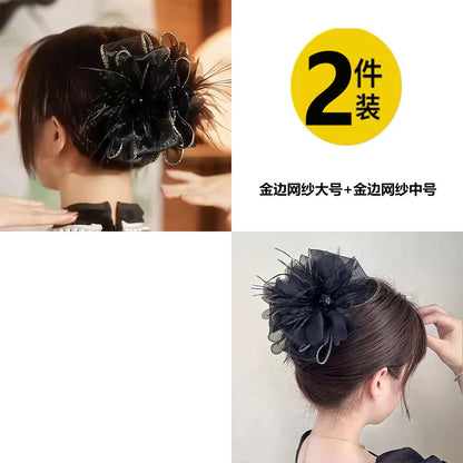 Elegant mesh bow hair clips for women, sophisticated and fashionable new feather claw clips with shark clips on the back of the head