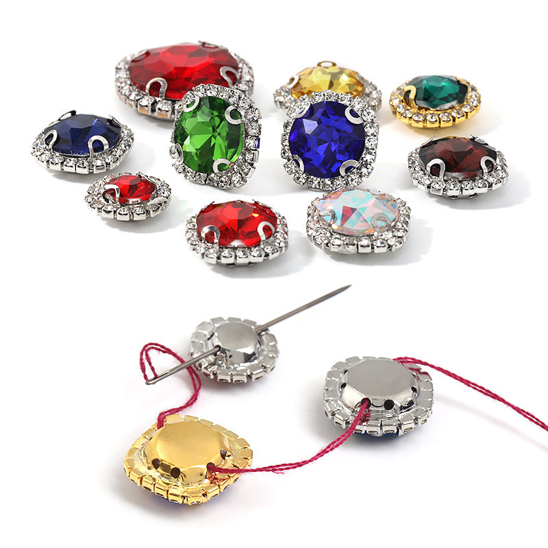Gemstone flower edge claw drill with perforated holes, hand-sewn diamond, thickened gold base for clothing decoration accessories, gemstone flower crystal buckle