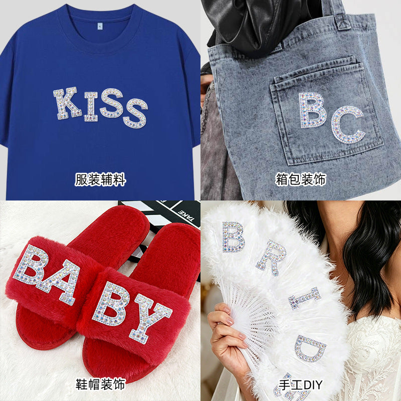 In stock AB color hot stamp diamonds, pearl letter embroidery badges, badges, patch patches, apparel accessories, full diamonds, full diamonds