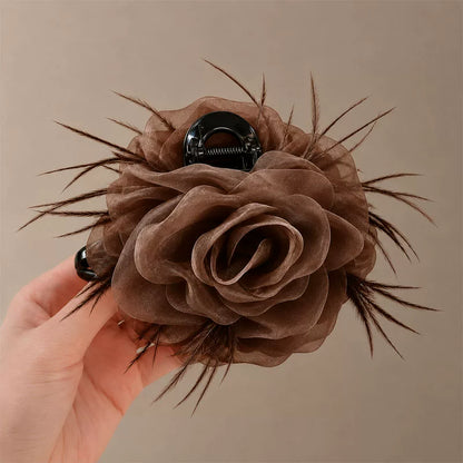 Large black mesh rose feather claw clip for women, sophisticated back hair clip, shark clip, fixed clip