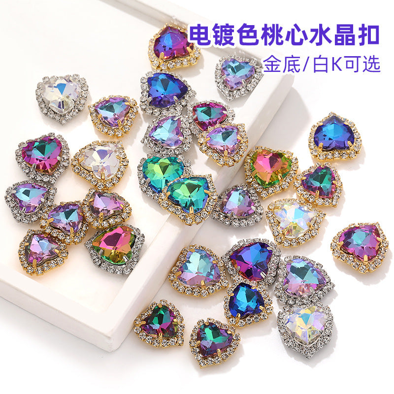 Heart crystal clasp electroplated peach heart trim crystal clasp crystal glass DIY hand-sewn rhinestone wedding dress clothing, shoes, bags