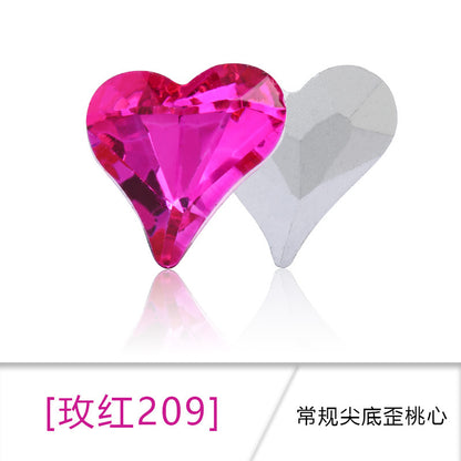Crooked Peach Heart crystal pointed diamond base real silver plated base nail art rhinestone patch, shoe decorations, luggage, clothing accessories, crooked peach heart rhinestones