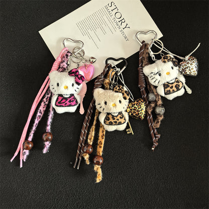 Creative cartoon plush leopard print love cat lanyard bag keychain pendant student school bag keychain pendant
