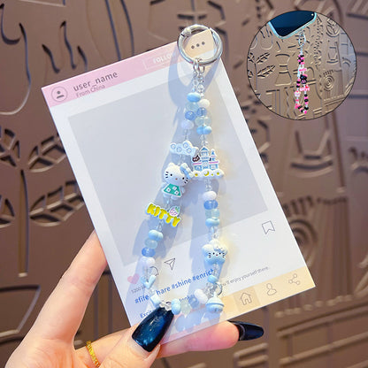 Handmade KT beaded alloy mobile phone chain pendant creative DIY Hello Kitty high-end sense bag keychain pendant