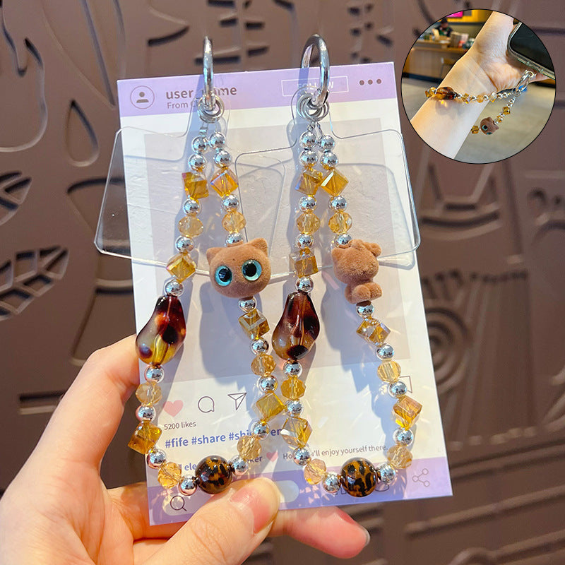 Handmade DIY Maillard Cat Beaded Mobile Phone Chain Pendant Leopard Print Doll Bag Keychain Pendant