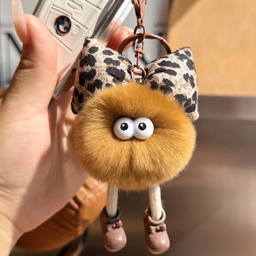 Wholesale Cute Leopard Print Bow Imitation Otter Rabbit Small Briquette Car Keychain Pendant Plush Pomball School Bag Charm