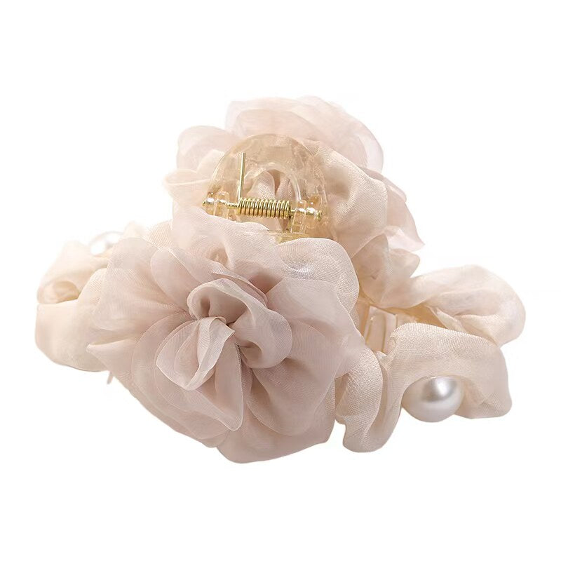 Mesh flower pearl hair grapple clip women's high-end sense 2026 new back of the head plate hairpin shark clip hair accessory