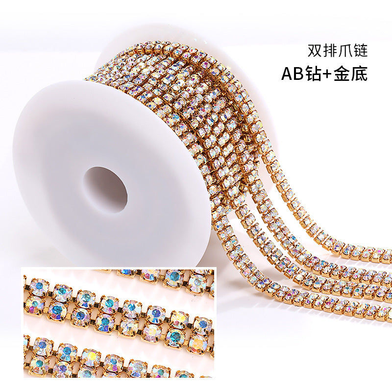 Cross-border new colorful double-row claw chain DIY accessories, diamond chains, gold and silver base, full roll diamond-mounted DIY clothing accessories