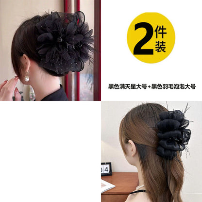 Elegant mesh bow hair clips for women, sophisticated and fashionable new feather claw clips with shark clips on the back of the head