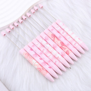 DIY bow pink long printed pattern ballball pen creative cute ballpoint pen plastic beaded ballpoint pen