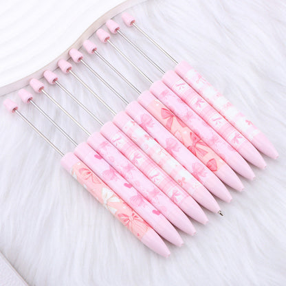 DIY bow pink long printed pattern ballball pen creative cute ballpoint pen plastic beaded ballpoint pen
