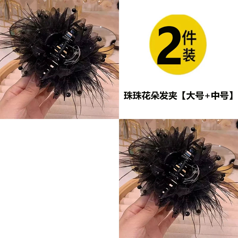 Elegant peony flower feather claw clip for women, sophisticated and fashionable 2026 new back hair clip, shark clip