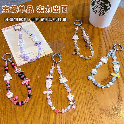 Handmade KT beaded alloy mobile phone chain pendant creative DIY Hello Kitty high-end sense bag keychain pendant