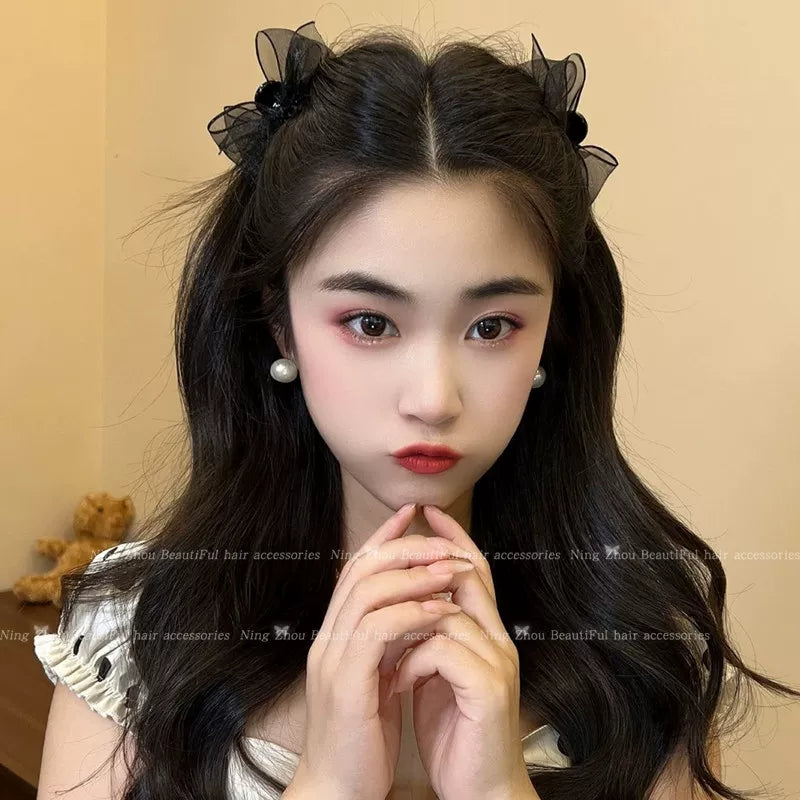 Mesh black bow hair chuck headdress, princess head small scratch clip broken hair, side bangs, clip, forehead hairpin woman