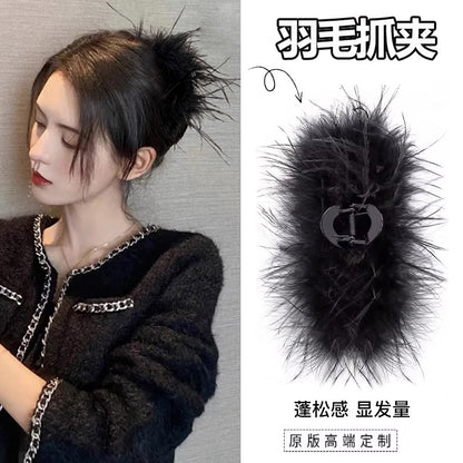 Black feather claw clip for women, high-end 2026 new style, large size ostrich feather shark clip, back of head updo hair clip