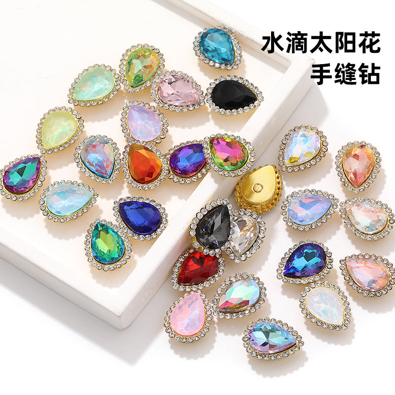 Double-layer waterdrop sunflower flower flower plate diamond buckle, hand-stitched rhinestone, thickened gold holder, glass diamond, clothing, shoes, bags, DIY accessories