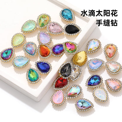Double-layer waterdrop sunflower flower flower plate diamond buckle, hand-stitched rhinestone, thickened gold holder, glass diamond, clothing, shoes, bags, DIY accessories