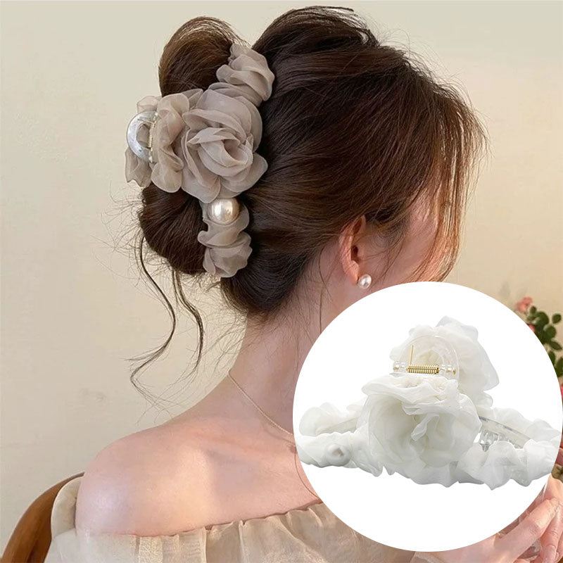 Mesh flower pearl hair grapple clip women's high-end sense 2026 new back of the head plate hairpin shark clip hair accessory