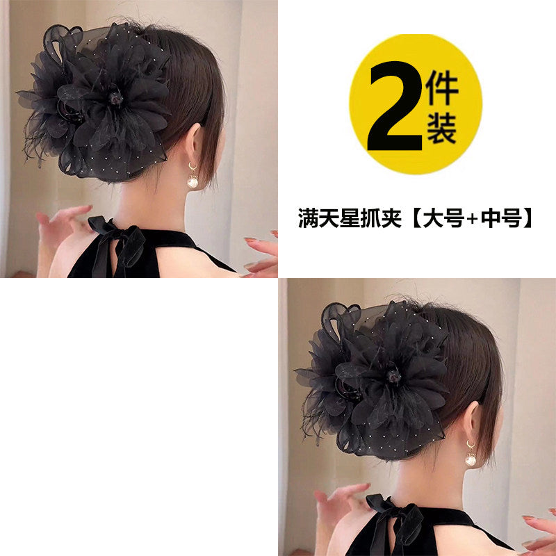 Black feather claw clip for women, high-end 2026 new style, large size ostrich feather shark clip, back of head updo hair clip
