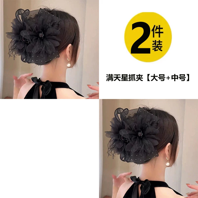 Korean high-end mesh bow claw clip for women, sophisticated and fashionable new back hair updo clip, shark clip
