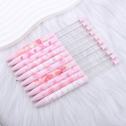 DIY bow pink long printed pattern ballball pen creative cute ballpoint pen plastic beaded ballpoint pen