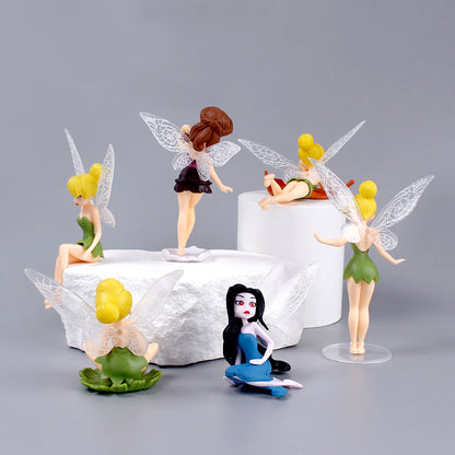 Solid Flower Fairy 6pcs Cake Decoration Scene Ornament with Wings Colourful Little Fairy with Base