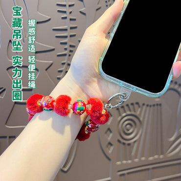 DIY Santa Claus Fur Ball Beaded Mobile Phone Chain Hanging Women's Bag Keychain Charm Christmas Gifts