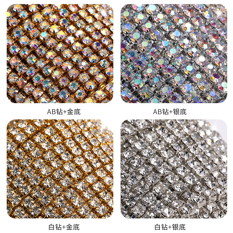 Cross-border new colorful double-row claw chain DIY accessories, diamond chains, gold and silver base, full roll diamond-mounted DIY clothing accessories