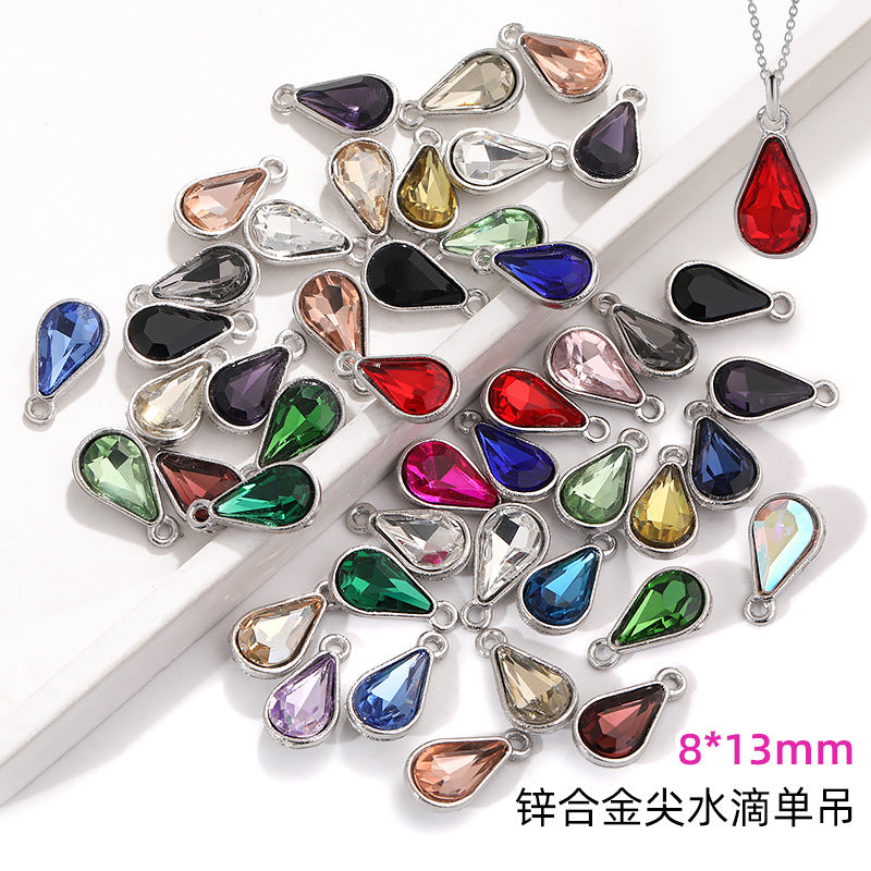 Zinc alloy pointed waterdrop pendant, crystal glass diamond DIY jewelry, earrings with diamond, single hanging glass waterdrop rhinestone