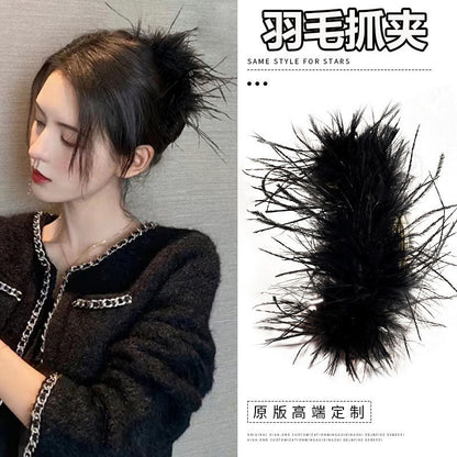 Black feather claw clip for women, high-end 2026 new style, large size ostrich feather shark clip, back of head updo hair clip