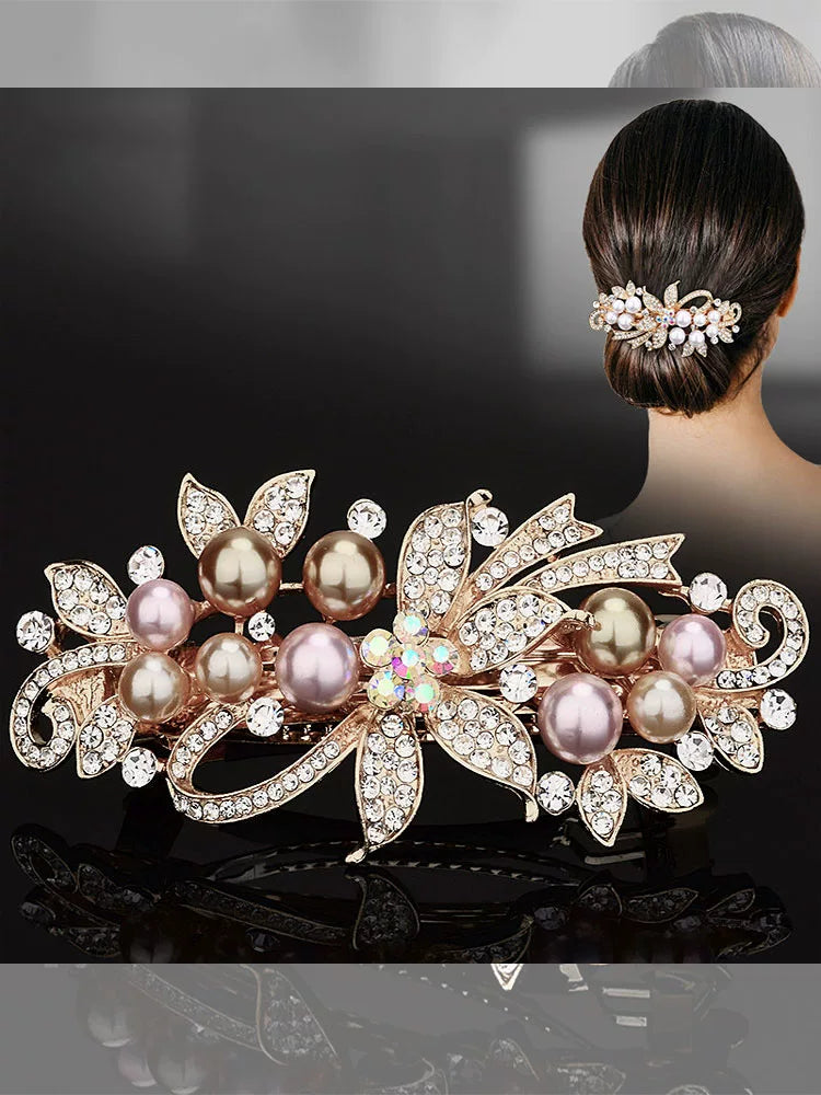 Elegant pearl rhinestone gold hair clip, new women's high-end flash rhinestone off-line spring clip, back hair updo