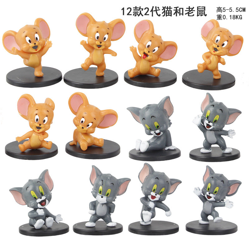12 cat and mouse figures: Tom Cat and Jerry Q version of the doll model, cute toy cake, toy ornaments
