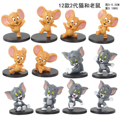 12 cat and mouse figures: Tom Cat and Jerry Q version of the doll model, cute toy cake, toy ornaments