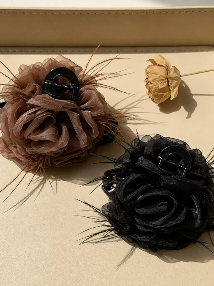 Large black mesh rose feather claw clip for women, sophisticated back hair clip, shark clip, fixed clip