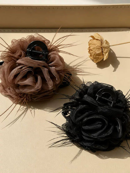 Large black mesh rose feather claw clip for women, sophisticated back hair clip, shark clip, fixed clip