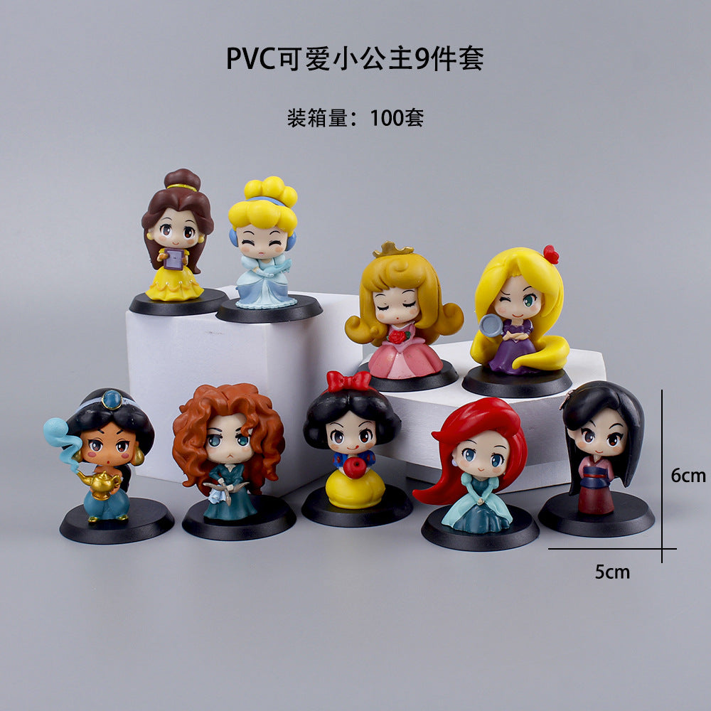 Cute little princess 9 pieces set figure white snow love Lo Merida princess cake decoration ornament car car