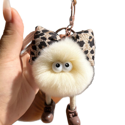 Wholesale Cute Leopard Print Bow Imitation Otter Rabbit Small Briquette Car Keychain Pendant Plush Pomball School Bag Charm
