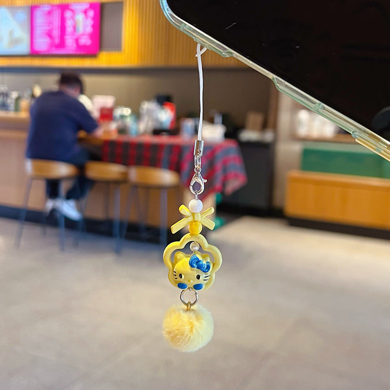 Handmade DIY Hello Kitty Cat Hair Ball Mobile Phone Chain Lanyard Couple Car Keychain KT Cat Bag Doll Small Pendant