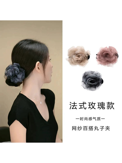 Korean-style gentle and elegant chiffon floral bun clip, light luxury temperament, high-end hair clip, bun head claw clip at the back of the head