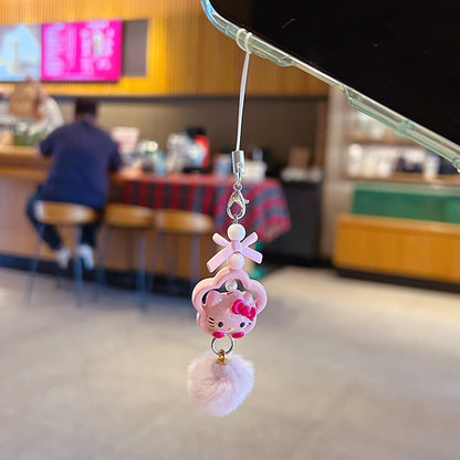 Handmade DIY Hello Kitty Cat Hair Ball Mobile Phone Chain Lanyard Couple Car Keychain KT Cat Bag Doll Small Pendant