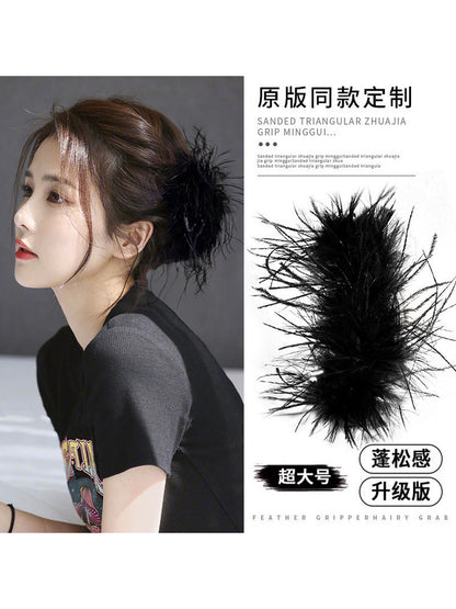Black feather claw clip for women, high-end 2026 new style, large size ostrich feather shark clip, back of head updo hair clip