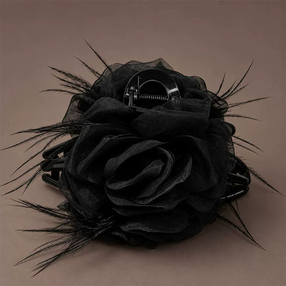 Coffee mesh claw clip for women, sophisticated rose feather hair clip, new style back hair updo, shark clip head floral style