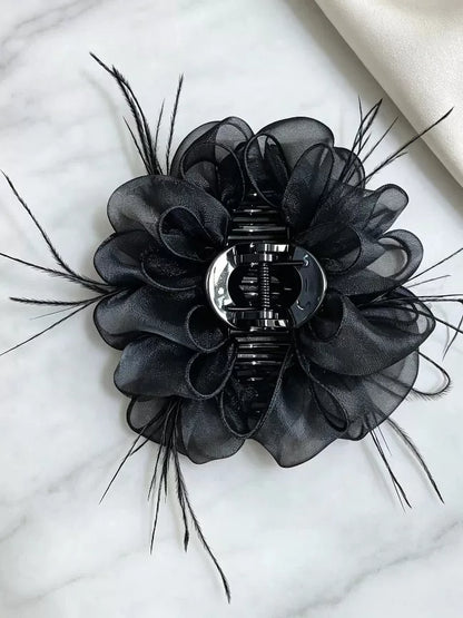 2026 New French Gentle Style Black Feather Organza Floral Claw Clip Elegant Shark Clamp High-End Headwear
